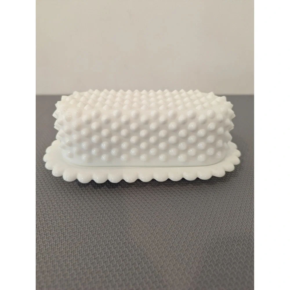 Vintage Fenton ? White Milk Glass Hobnail Butter Dish w/ Scalloped Tray 2 Piece
